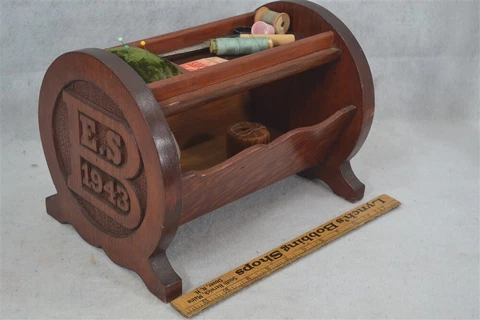 Sewing box/caddy hand made carved dated 1943 wood w/pincushion antique WWII Cover