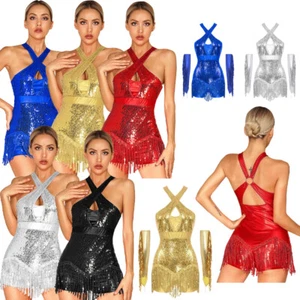 Women's Bodysuit Tuxedo Outfit Metallic Leotard Gloves Cha-Cha Shiny Performance - Picture 1 of 65