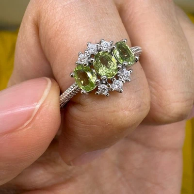 925 Sterling Silver Ring 4x3mm Natural Peridot Gemstone Zircon Women Engage Gift - Image 1 of 4