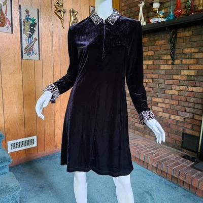 Vtg 90s Black Stretch Velvet Babydoll Leopard Kinderwhore Goth Punk Dress M/L - Image 1 of 4