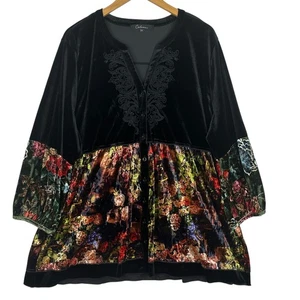 Caleoaas Plus Size 2X Velvet Boho Floral Tunic Top Black Multicolor Embroidered - Picture 1 of 14