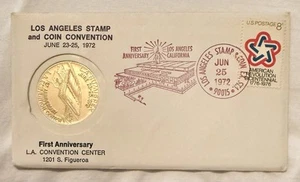 Estampilla y moneda de Los Ángeles 1972 centro de convenciones primer aniversario cancelada 1972 - Imagen 1 de 2