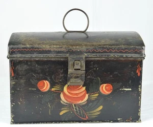 ANTIQUE 19TH C. TIN TOLE TOLEWARE DOMED DOCUMENT BOX WITH RING HANDLE-HEIGHT 6" - Picture 1 of 8