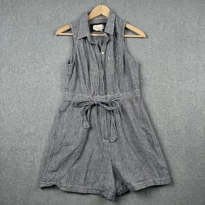 Anthropologie Romper Womens 6 Blue Striped Linen Sleeveless Tie Waist Jumpsuit - Image 1 of 4