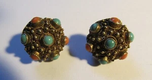 Antique Sterling Vermeil Coral & Turquoise Chinese Screw Back Earrings - Picture 1 of 5