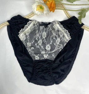 Vintage Sheer Black Nylon Panty Briefs Hip 38-41" Sz.7/L White Lace Sissy Bikini - Picture 1 of 22