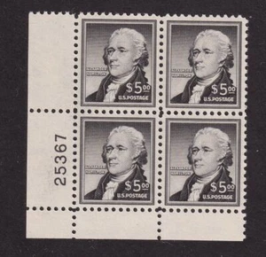 1956 Alexander Hamilton $5.00 black, Sc 1053 MLH nice OG XF plate block (Y9 - Picture 1 of 1