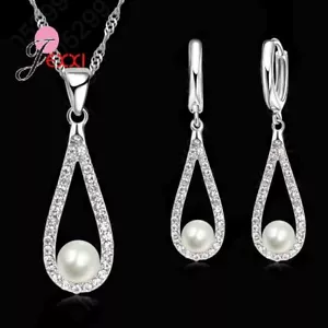 Collier perle goutte boucles d'oreilles - Pendentif charme argent sterling 925 femmes ensemble de bijoux - Photo 1/13