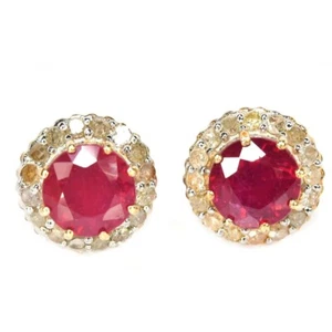 925 STERLING SILVER STUD EARRING GENUINE BLOOD RED RUBY ROUND GEMSTONE - Picture 1 of 8