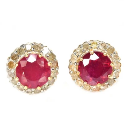 925 STERLING SILVER STUD EARRING GENUINE BLOOD RED RUBY ROUND GEMSTONE - Image 1 of 4