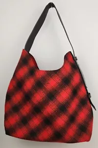 J. Jill Wool Blend Red/Black Plaid Tote Hobo Bag Purse Handbag Leather Accents - Picture 1 of 13