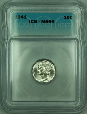 1941 Mercury Silver Dime 10c Coin ICG MS-66 (E) - Image 1 of 2