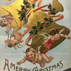 Postal de querubines y campanas de Navidad 1908 saludo en relieve - Imagen 1 de 5
