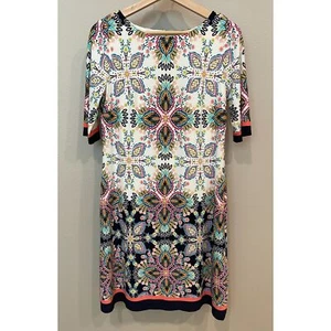 Eliza J Women's Colorful Print Short Sleeve Midi Shift Dress 6 Stretch Workwear - Picture 1 of 8