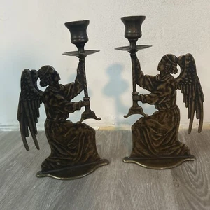 Vintage Candlesticks Pair Kneeling Praying Angel Solid Brass Italy 10” Christmas - Picture 1 of 8