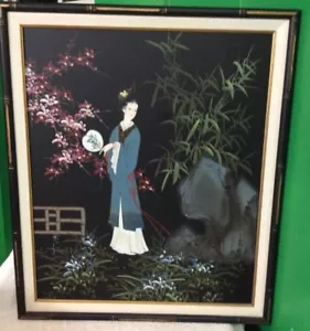 Dipinto originale geisha ragazza con paesaggio floreale olio su tela firmato 20X24 - Foto 1 di 11