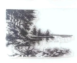 Pond Lake Nature Scene Landscape Rubber Stamp Trees Water Card Making Scrapbook - Picture 1 of 4