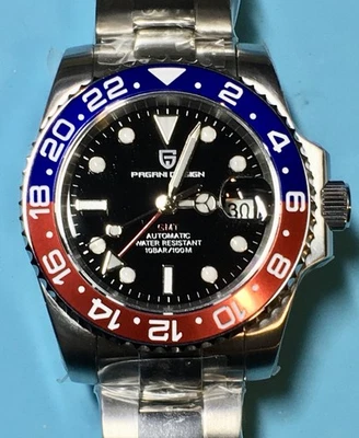 PAGANI DESIGN 40MM GMT PEPSI DIVER WATCH BLACK DIAL BLUE RED BEZEL AUTO SAPPHIRE - Image 1 of 4