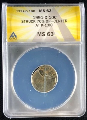 1991-D 10C Roosevelt Dime ANACS MS 63 | Error: Struck 70% Off-Center @ K-1:00 - Image 1 of 2