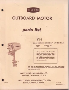 West Bend Outboard Motor Parts List 7 1/2 HP Model 7001 1959 - Picture 1 of 1