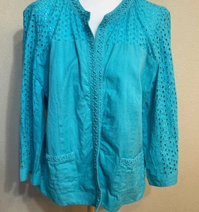 Chico's Teal Cotton Open Front Jacket large size 2 - Picture 1 of 7