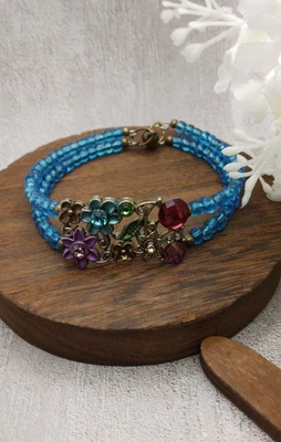 Slider beaded floral memory wire bracelet magnet closure Aqua Red Handmade USA - Image 1 of 4