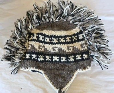 Mohawk Beanie brown Cream tassel braids wool Handmade Nepal snowboard warm Hat  - Image 1 of 4
