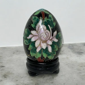 VTG Cloisonne Egg Brass Hand Painted  Japan Black Lotus Flower with Stand 3" - Picture 1 of 9