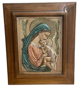 VTG NEW Madonna Mother Mary & Child Carved Framed 3D Wall Plaque Bertagna Italy - Picture 1 of 14