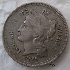 1866 Drei Cent Nickel "Schwache Buchstaben & Würfelrisse" - Bild 1 von 6