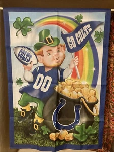 NFL Indianapolis Colts Flag 28”x39.5” St Patrick’s Leprechaun  “Go Colts” Used - Picture 1 of 8