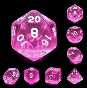NUEVO JUEGO DE 7 DADOS RPG - gema magenta D4 D6 D8 D10 D12 D20 D00-90 - Imagen 1 de 3