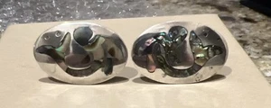 Vintage Boutons de manchette ovales Taxco Mexico SS 925 coquille d'ormeau sirène 1 d'un genre - Photo 1/5