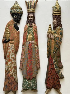 Antike handgeschnitzte Urholz Weihnachten drei Weise Männer Könige Volkskunst 31 Zoll x 7 - Bild 1 von 11