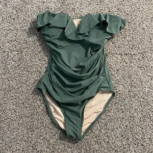 J.CREW Bathing Swimsuit Matte Ruched One Piece with Ruffles Green Size 6 - Picture 1 of 6