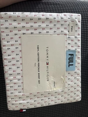 4pc Full TOMMY HILFIGER Nautical  Anchors  SHEET SET Blue White red 100% percale - Image 1 of 3