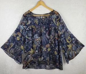 Whimsical Bohemian Top 1X Sheer Pullover 3/4 Bell Sleeve Blue Paisley Blouse - Picture 1 of 11