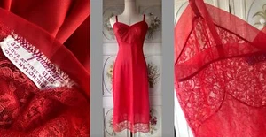 VTG 50s MISS YOUTH FORM BRIGHT RED USA-MADE NYLON LACE TRIM FULL DRESS SLIP 32 - Picture 1 of 10