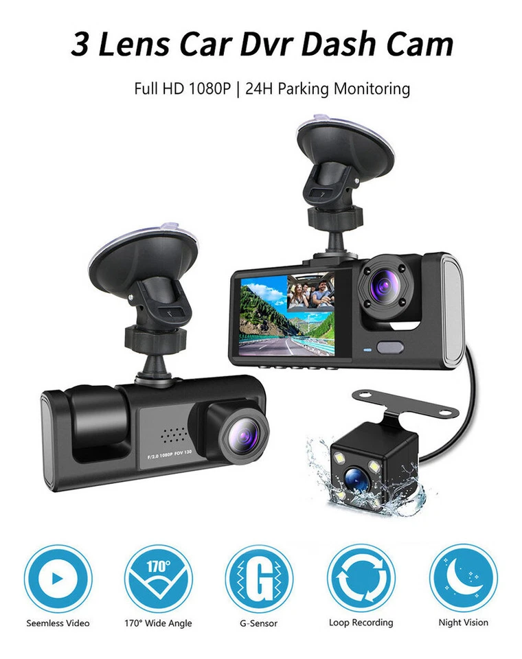 C309 Featured 1080P 2-inch HD car driving recorder with three lenses - Image 1 of 4