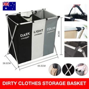 3 Sections Hamper Sorter Dark Light Folding Laundry Washing Basket Bag Holder AU - Picture 1 of 12