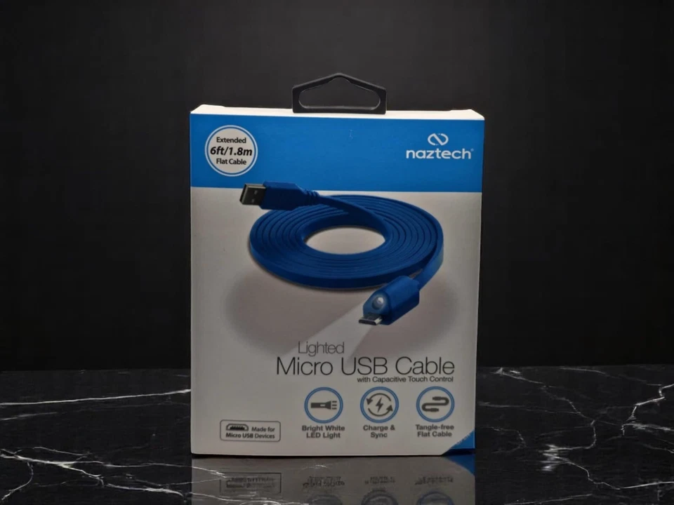 Cable Micro USB Iluminado Naztech 6 Pies Control Táctil Luz Blanca Brillante Sin Enredos Foto 1 de 3