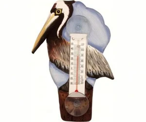 Brown Pelican Ocean Sea Bird Window Thermometer Wooden Indonesia - Picture 1 of 1