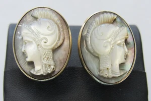 Men's Gold Cuff links 12kt Roman Soldier Carved Shell on Abalone  - Picture 1 of 12