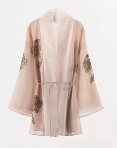 ZARA NEW WOMAN SHORT SILK BEADED KIMONO FLORAL BELTED PINK SIZE M-L 2855/004/926 - Picture 1 of 16