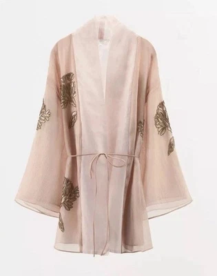 ZARA NEW WOMAN SHORT SILK BEADED KIMONO FLORAL BELTED PINK SIZE M-L 2855/004/926 - Image 1 of 4