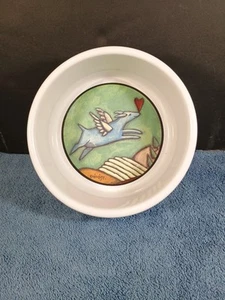 Ursula Dodge Flight Of The Blue Dog Stoneware Dog Bowl Pet Dish 7" Signature Hsw - Picture 1 of 18