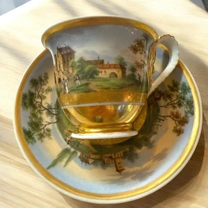 Rare Pair Antique Hand Painted Gilded Porcelain Teacup & Saucer No Mark 19th C - Picture 1 of 16
