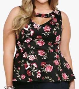 Torrid schwarz 🩷 rosa Blumendruck Satin Schößchen Cut Out ärmellose Bluse Gr. 1 - Bild 1 von 9