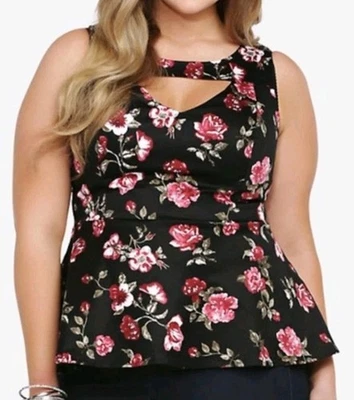 Torrid Black 🩷 Pink Floral Print Sateen Peplum Cut Out Sleeveless Blouse Size 1 - Image 1 of 4