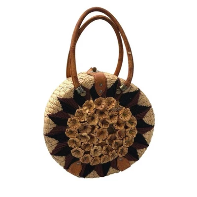 Vtg Statement Round Woven Straw Purse With Leather Handles & Flower Detail SEE - Image 1 of 4